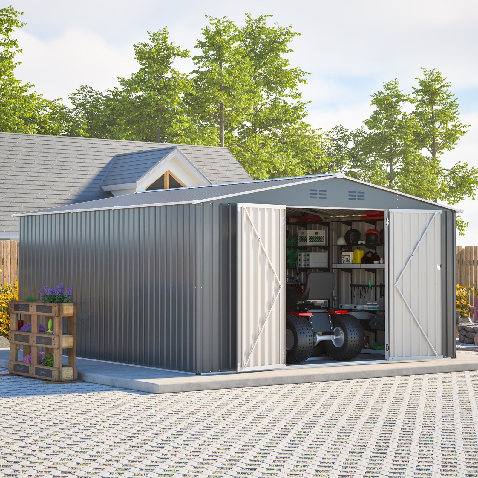 12'x14' Metal Outdoor Storage Shed Heavy Duty Large Garden Tool Shed w/Floor Kit