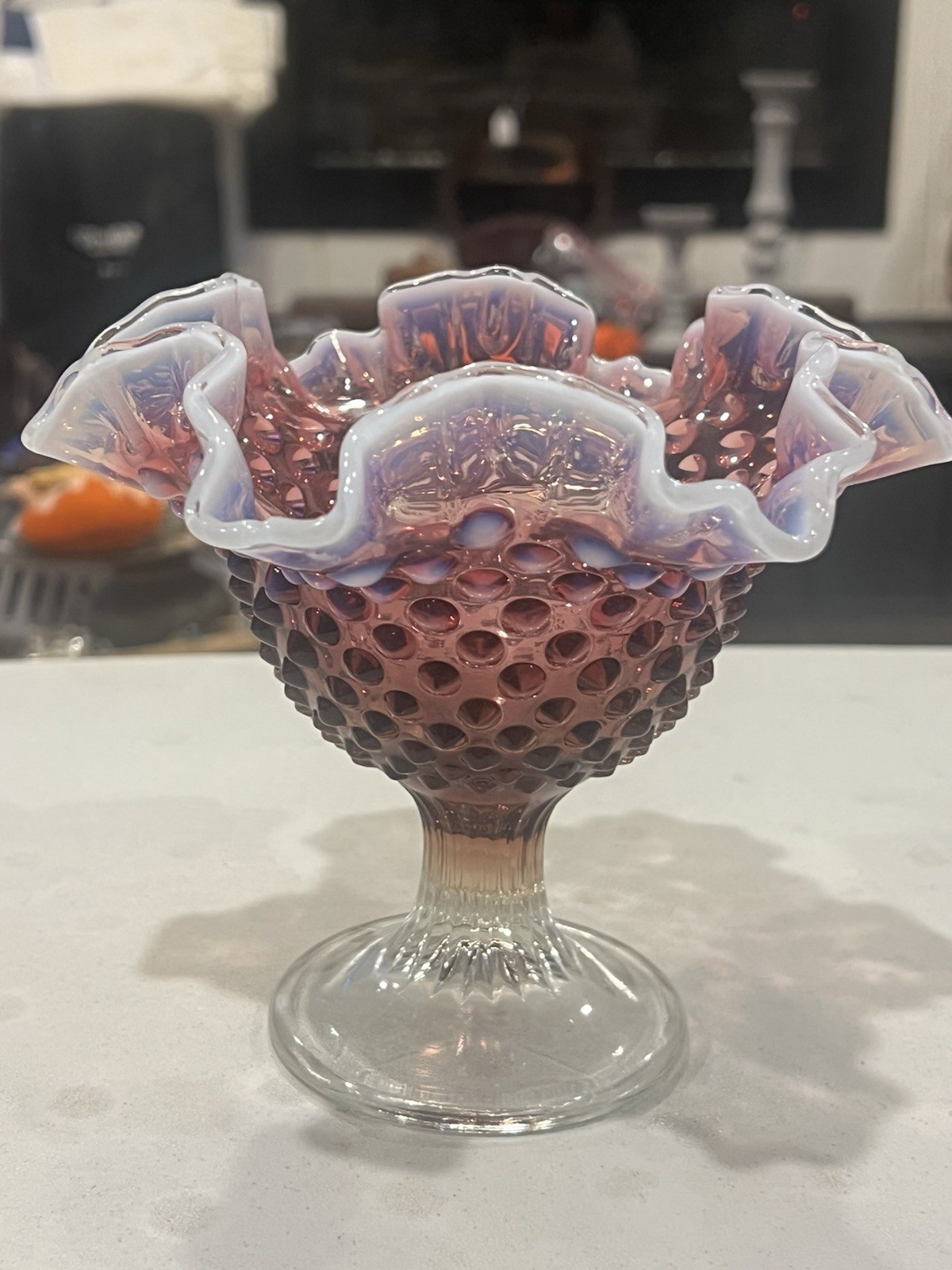 Fenton Plum Opalescent Hobnail Ruffled Pedestal Compote 1959-61 Rare 5.5