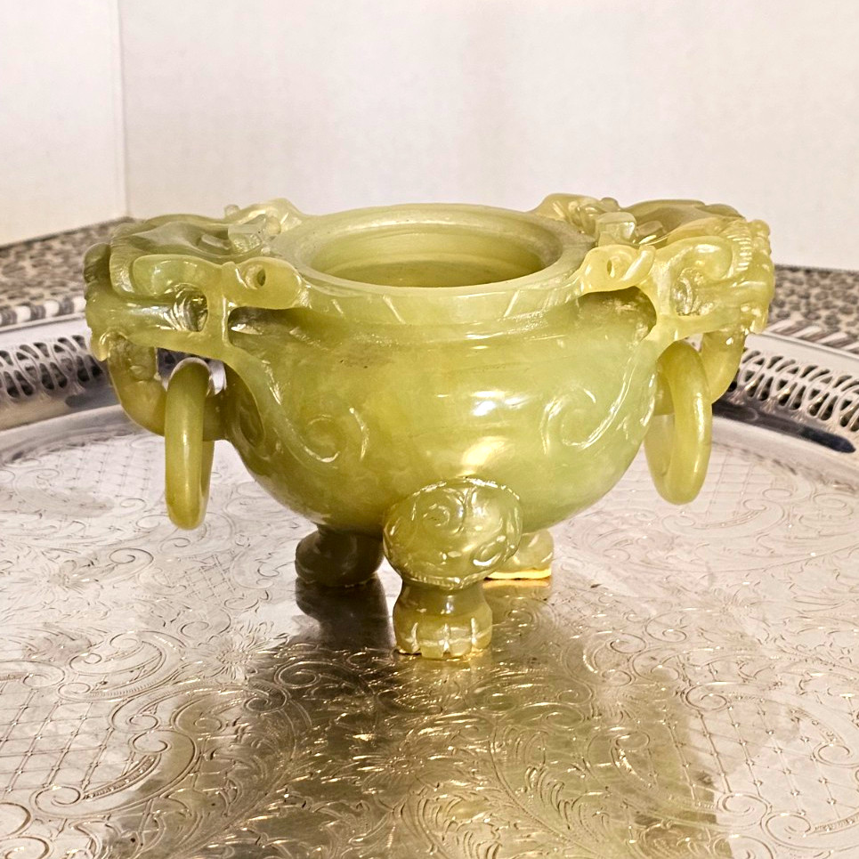 Chinese green jade incense burner – dragons, perfect condition.