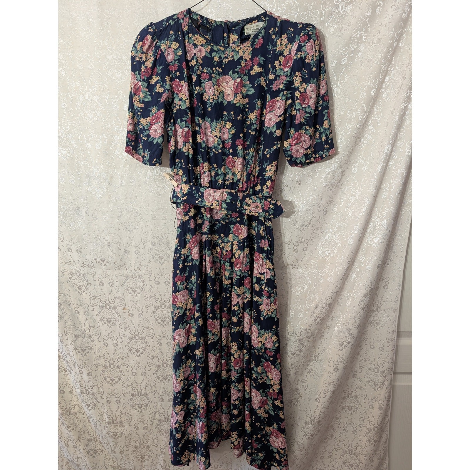 VTG 80s 90s E.D. Michaels Floral Midi Dress Rayon Puff Sleeve