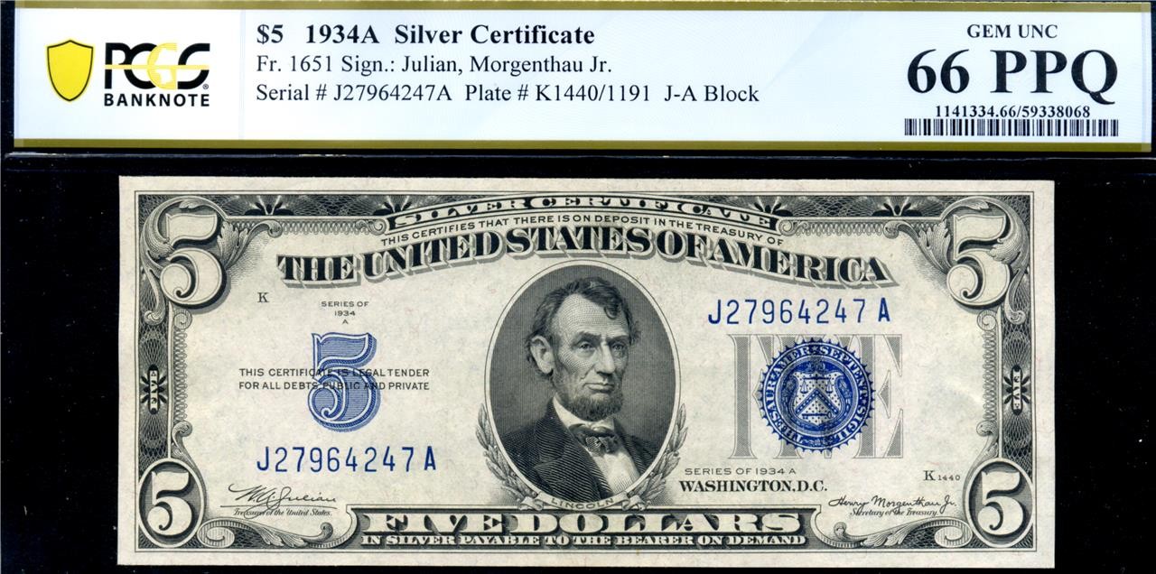 HGR FR.1651 1934A $5 Silver Cert ((Consec# Listed)) PCGS GEM UNC 66PPQ (4247)