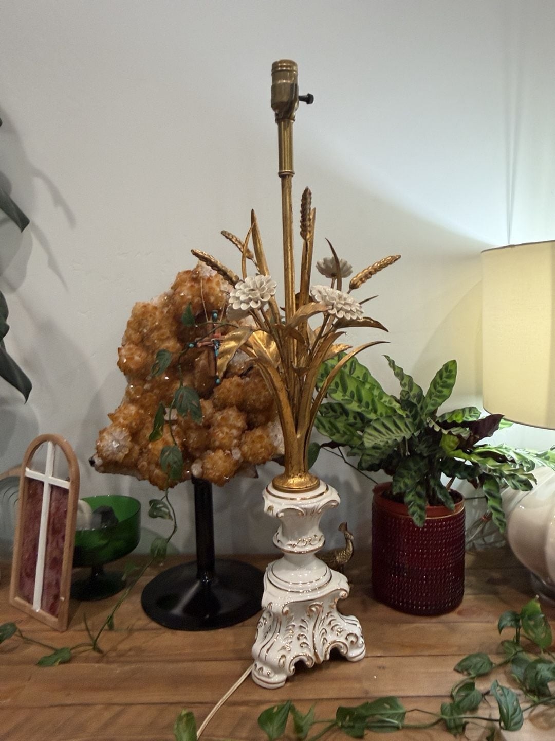 Vintage Italian Ceramic and Gilt Metal Tole Floral Table Lamp