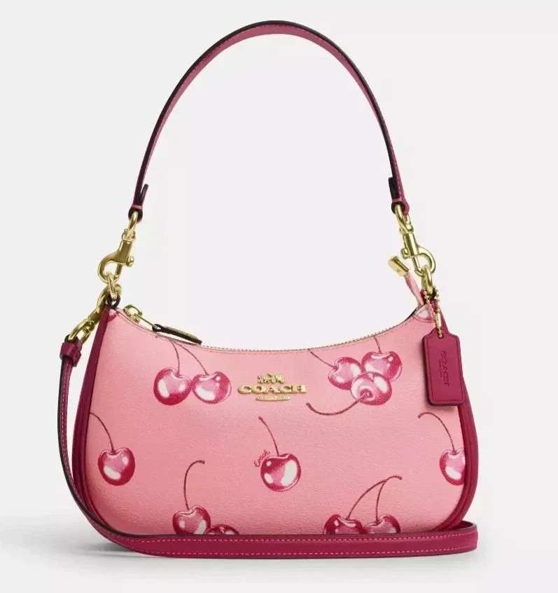 COACH Teri 2way Shoulder Bag Pink Canvas Leather Cherry Print CR290 Outlet New COACH Teri 2way Shoulder Bag Pink Canvas Leather Cherry Print CR290 Outlet New