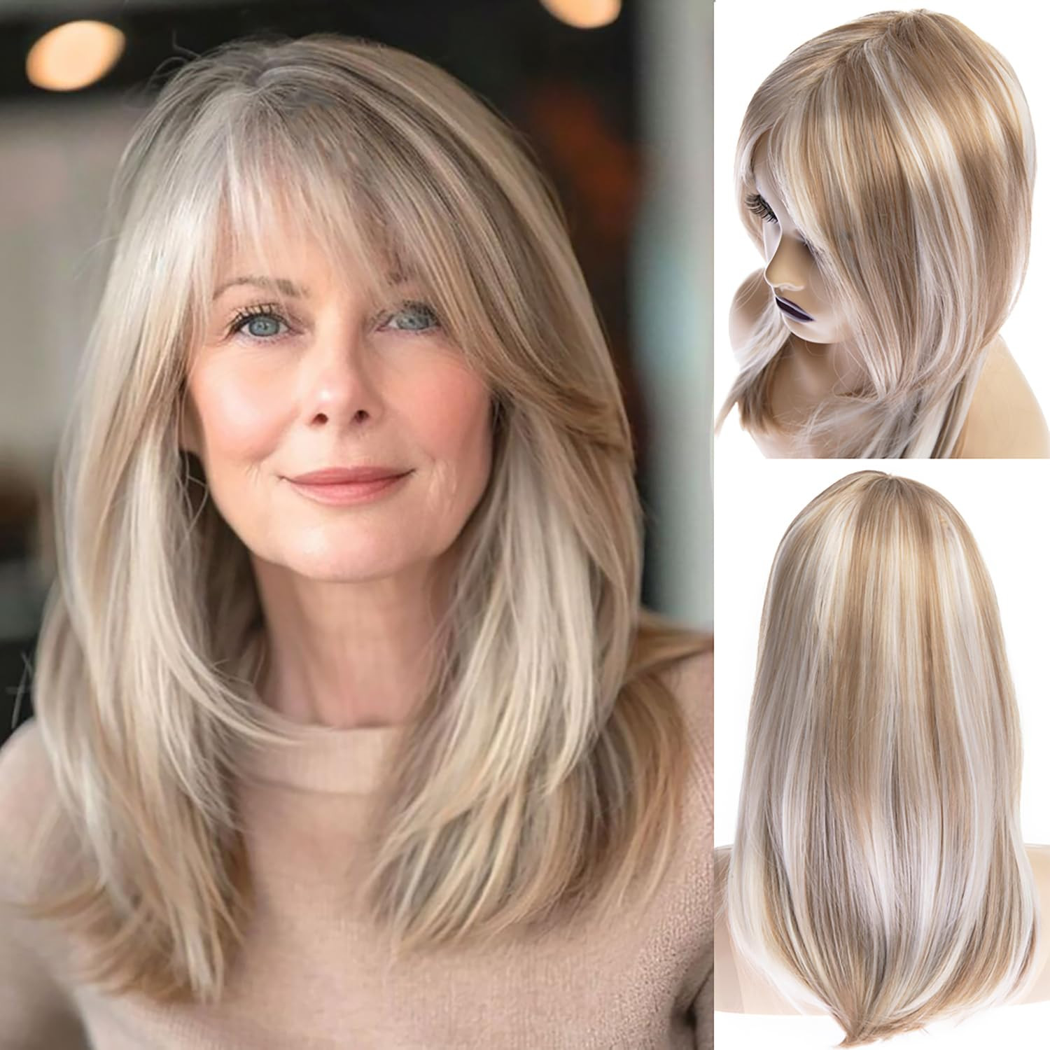 Long Blonde Wigs for Women Natural Straight Blonde Wig with Bangs,Synthetic