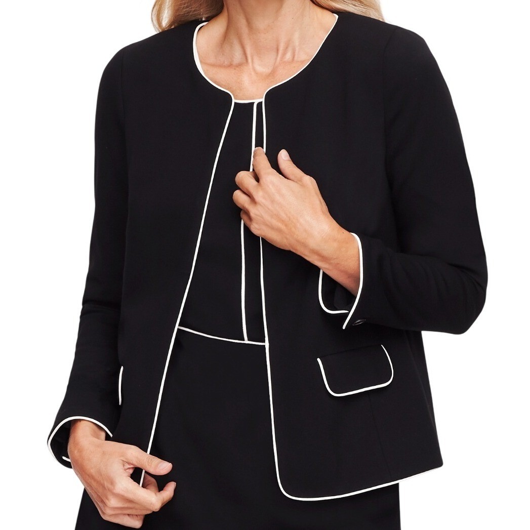 NWT TALBOTS Black White Open Front Italian Luxe Knit Tipped Jacket Blazer 10