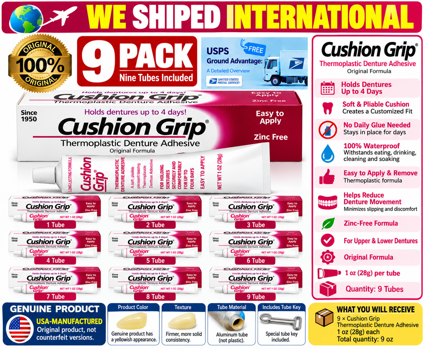 Cushion Grip Thermoplastic Denture Adhesive 1 oz, 9 Pack