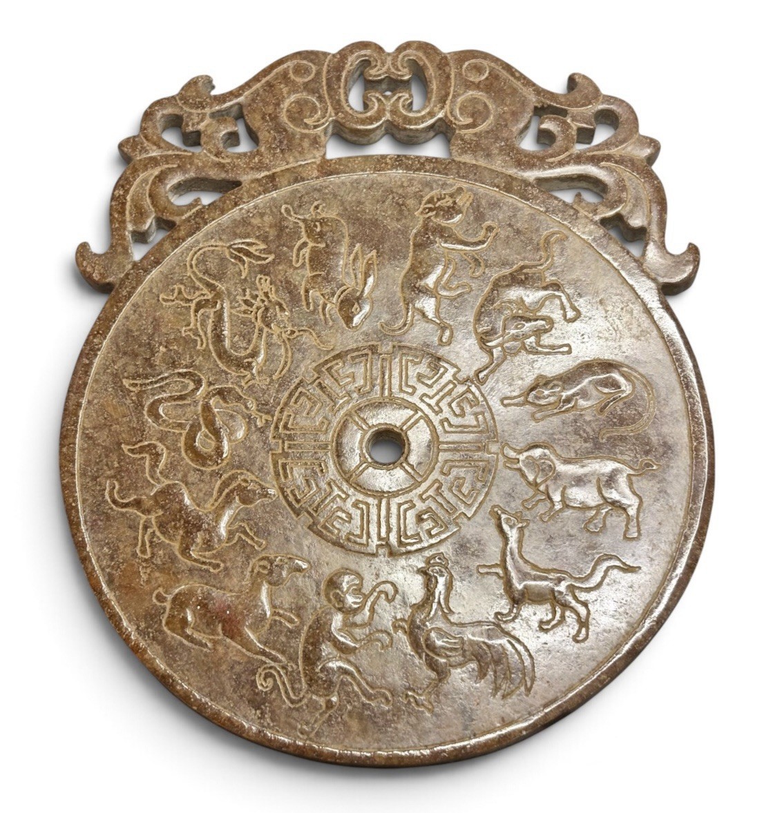Vintage Chinese Carved Jade Style Stone 12 Zodiac Bi Disc Plaque Archaic 6.75
