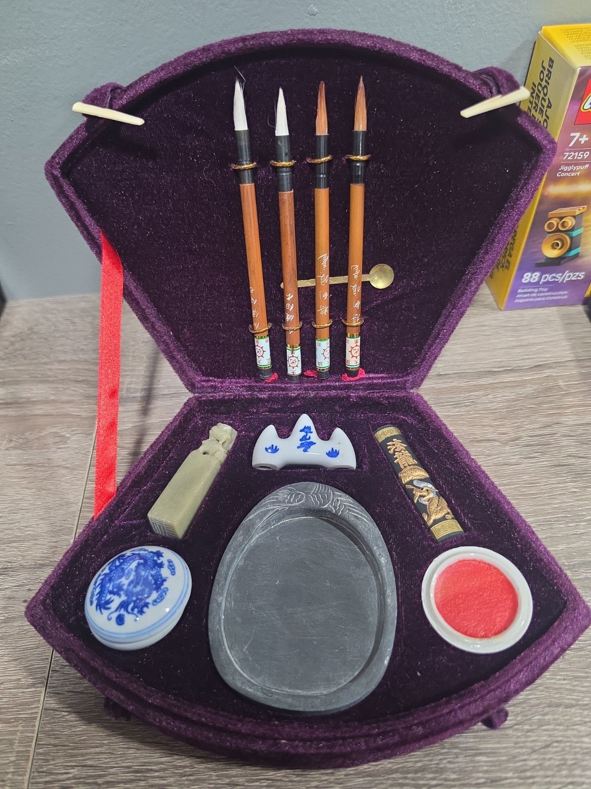 Vintage CHINESE CALLIGRAPHY Writing Set 13 Piece Plum Velvet Complete Set Unused