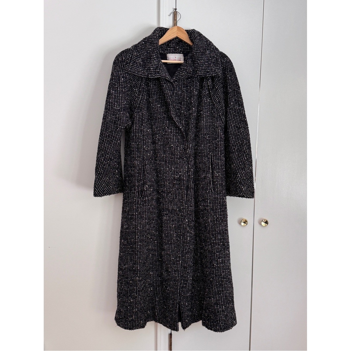 Vintage Pauline Trigère Wool Black White Padded  shoulder oversized Long Coat .
