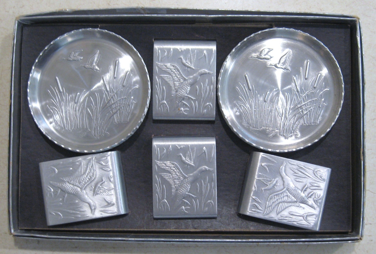 1950\'s MCM Vintage ALUMINUM DUCK COASTERS(8) and MATCHBOOK COVERS / HOLDERS(4)