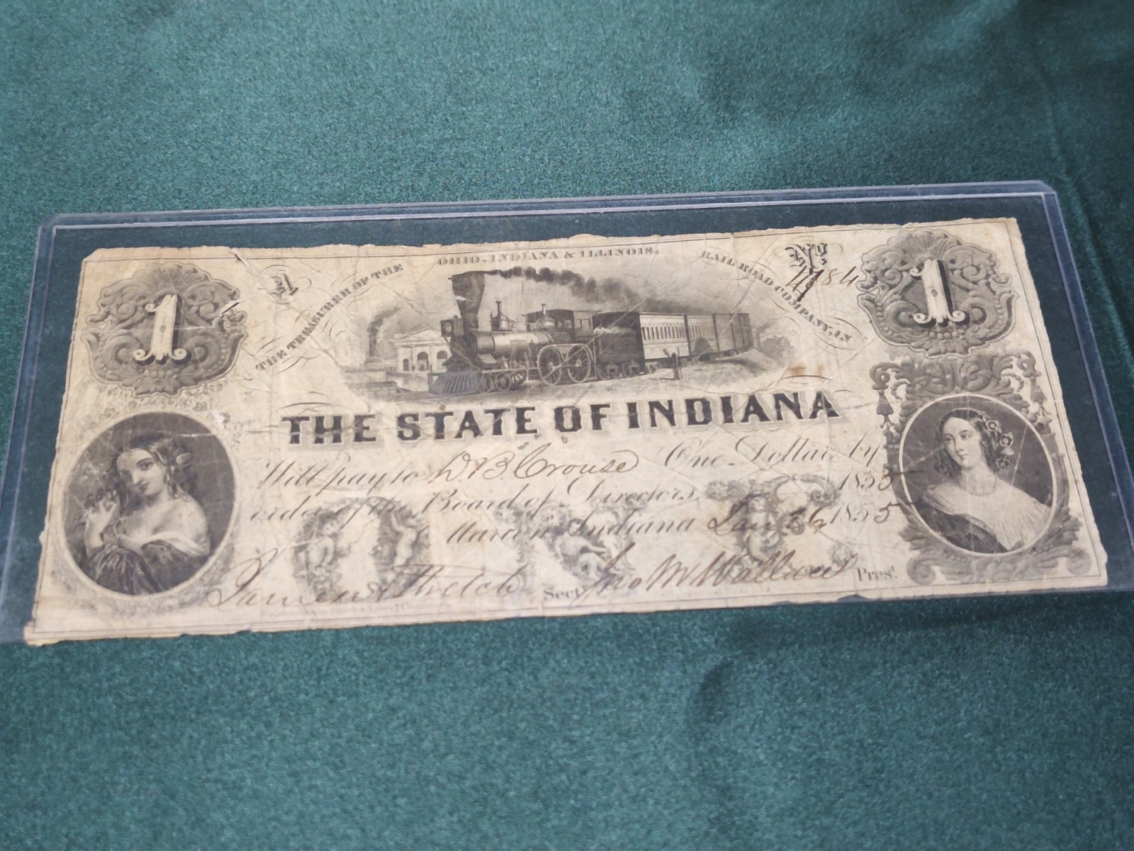 RARE 1855 OHIO, INDIANA & ILLINOIS RAILROAD CO. $1 NOTE CIRCULATED CURRENCY RARE 1855 OHIO, INDIANA & ILLINOIS RAILROAD CO. $1 NOTE CIRCULATED CURRENCY
