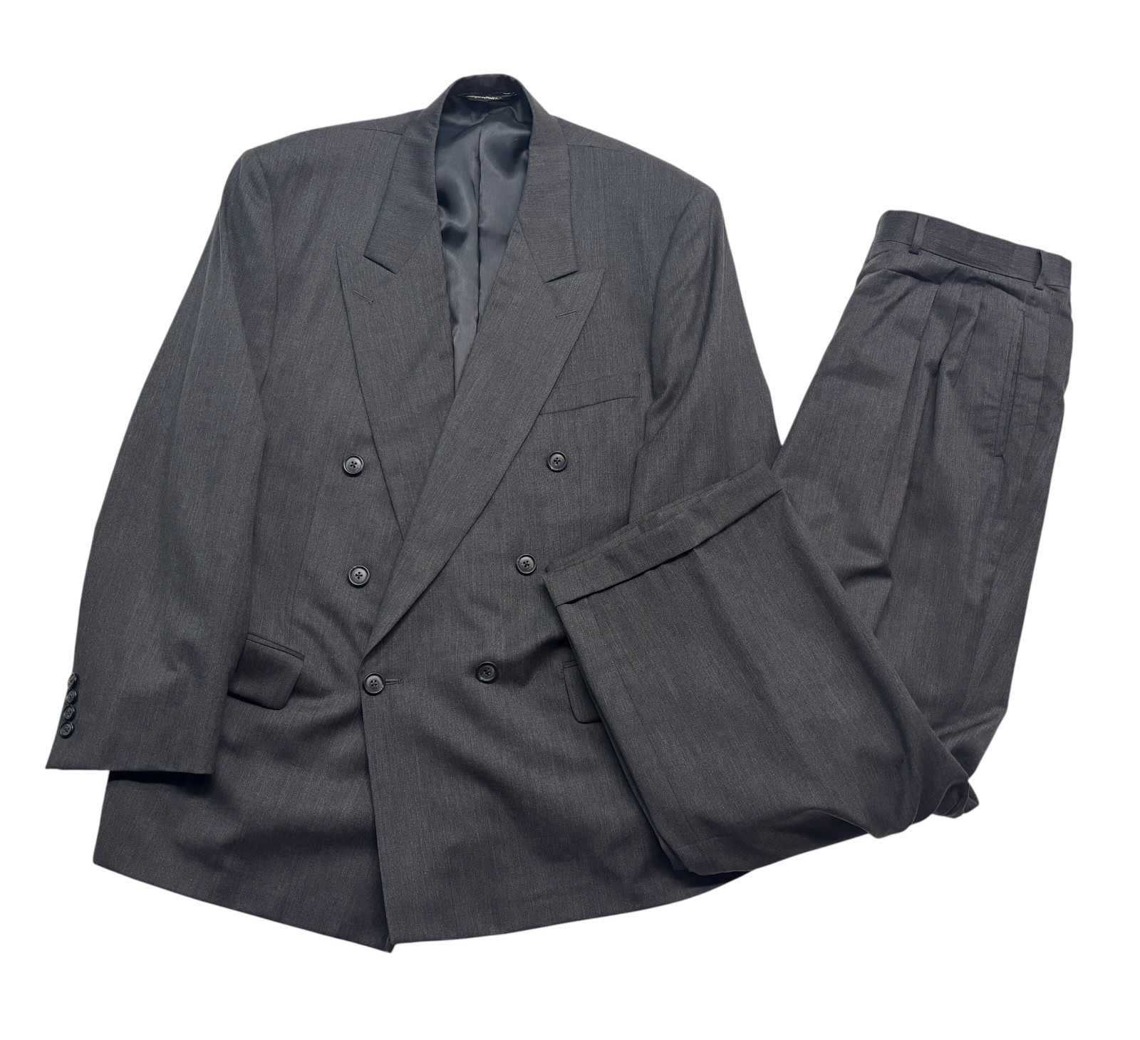 vtg 90s Samuelsohn 46R 38x30 Charcoal Double Breasted 2pc Pant Suit Pleated Wool