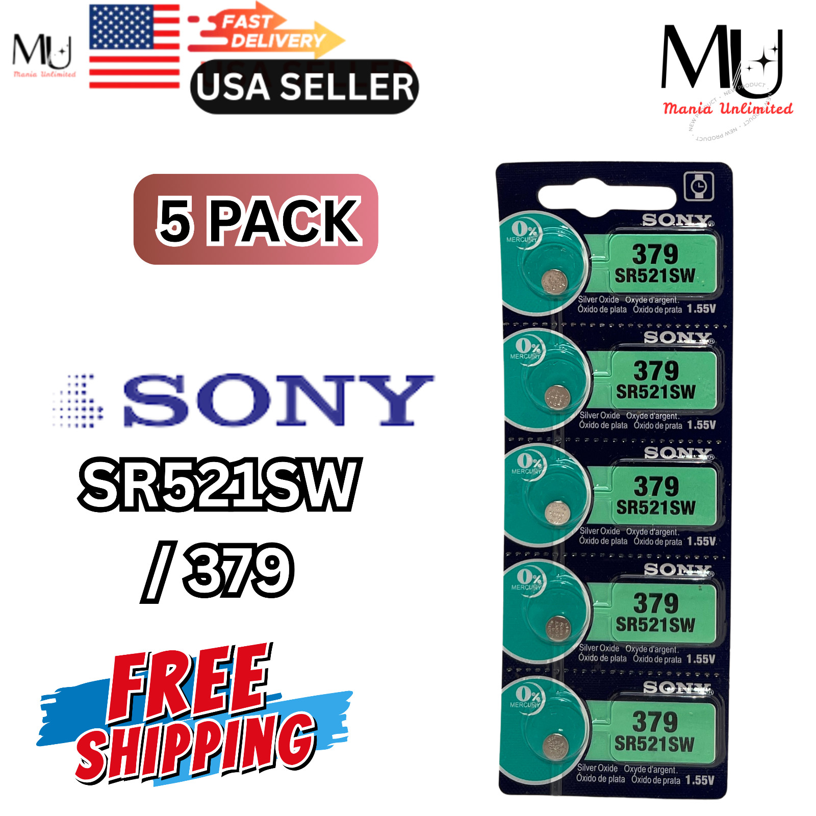 5 x Sony SR521SW 379 AG0 LR521 Silver Oxide Button Battery Expire Date 12/2032