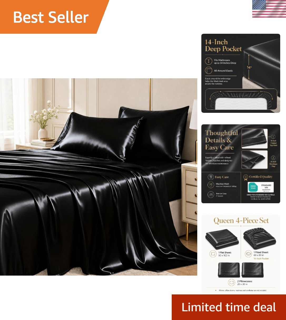 Elegant Black Queen Satin Sheet Set - Deep-Pocket, 4-Piece, Wrinkle-Resistant