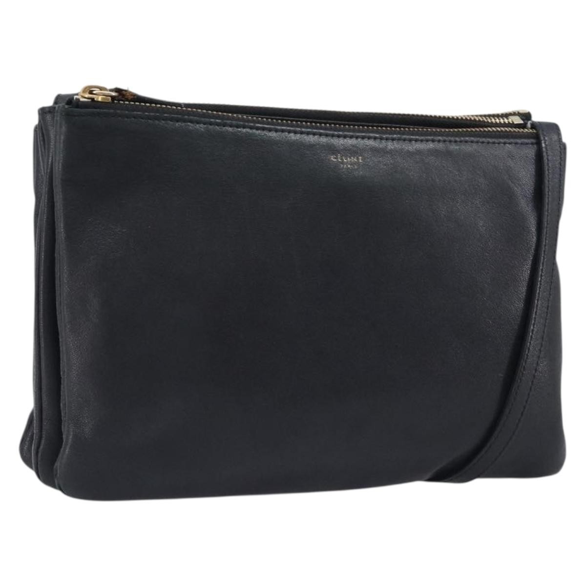 CELINE Trio Shoulder Bag Leather Black Gold Auth 206031