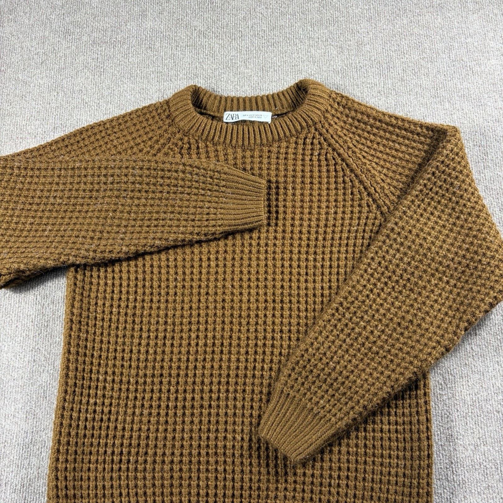 Zara Essentials Waffle Knit Sweater Brown 100% Cotton Crew Neck Womens M Zara Essentials Waffle Knit Sweater Brown 100% Cotton Crew Neck Womens M