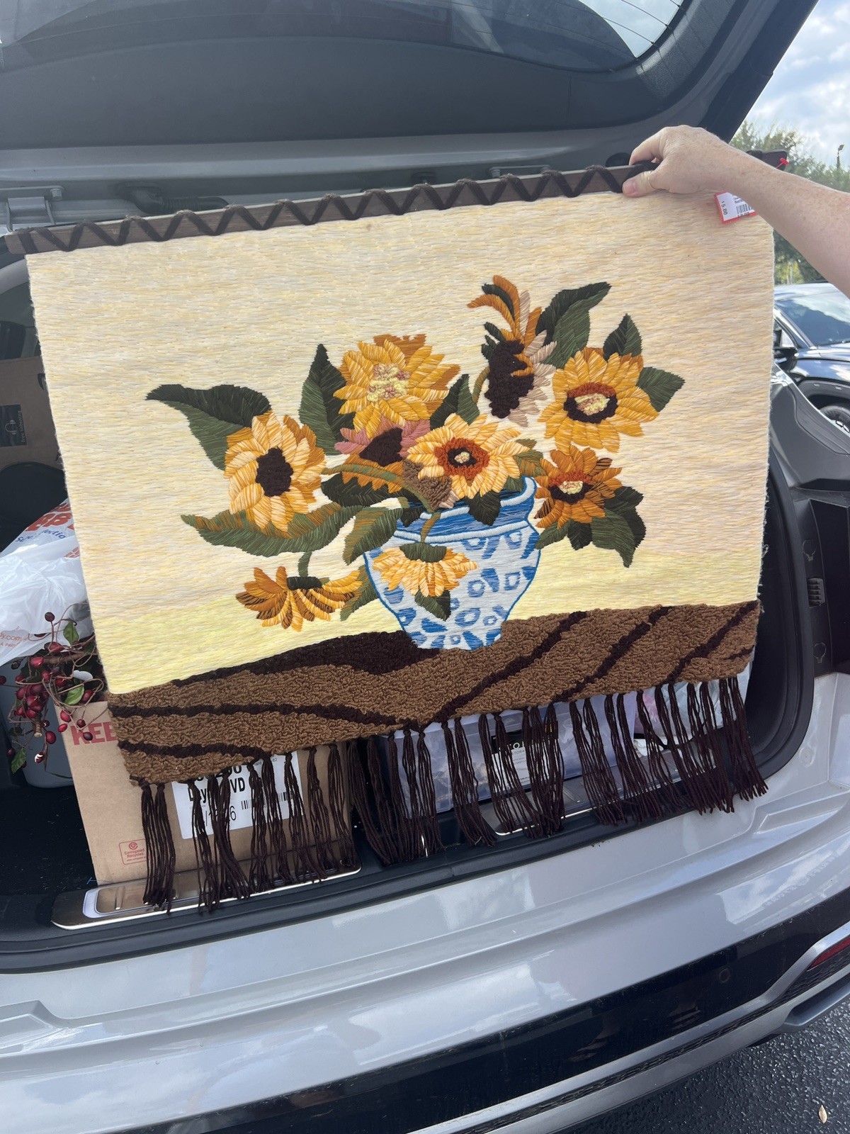 Vintage Handmade Embroidery Of Sunflowers wall hanging boho Vintage Handmade Embroidery Of Sunflowers wall hanging boho