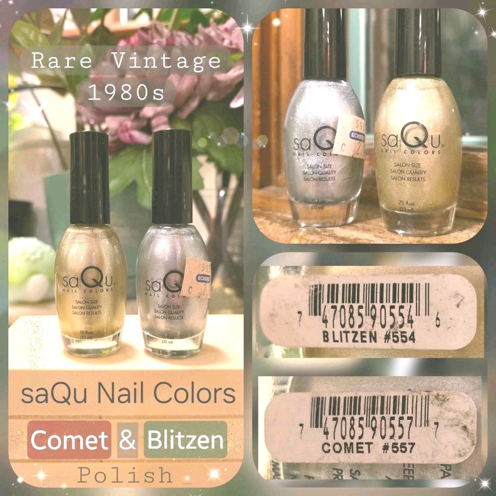 2 Vintage 1980s Rare Nail Polish SaQa Salon Quality Comet #557 Blitzen #554 Lot