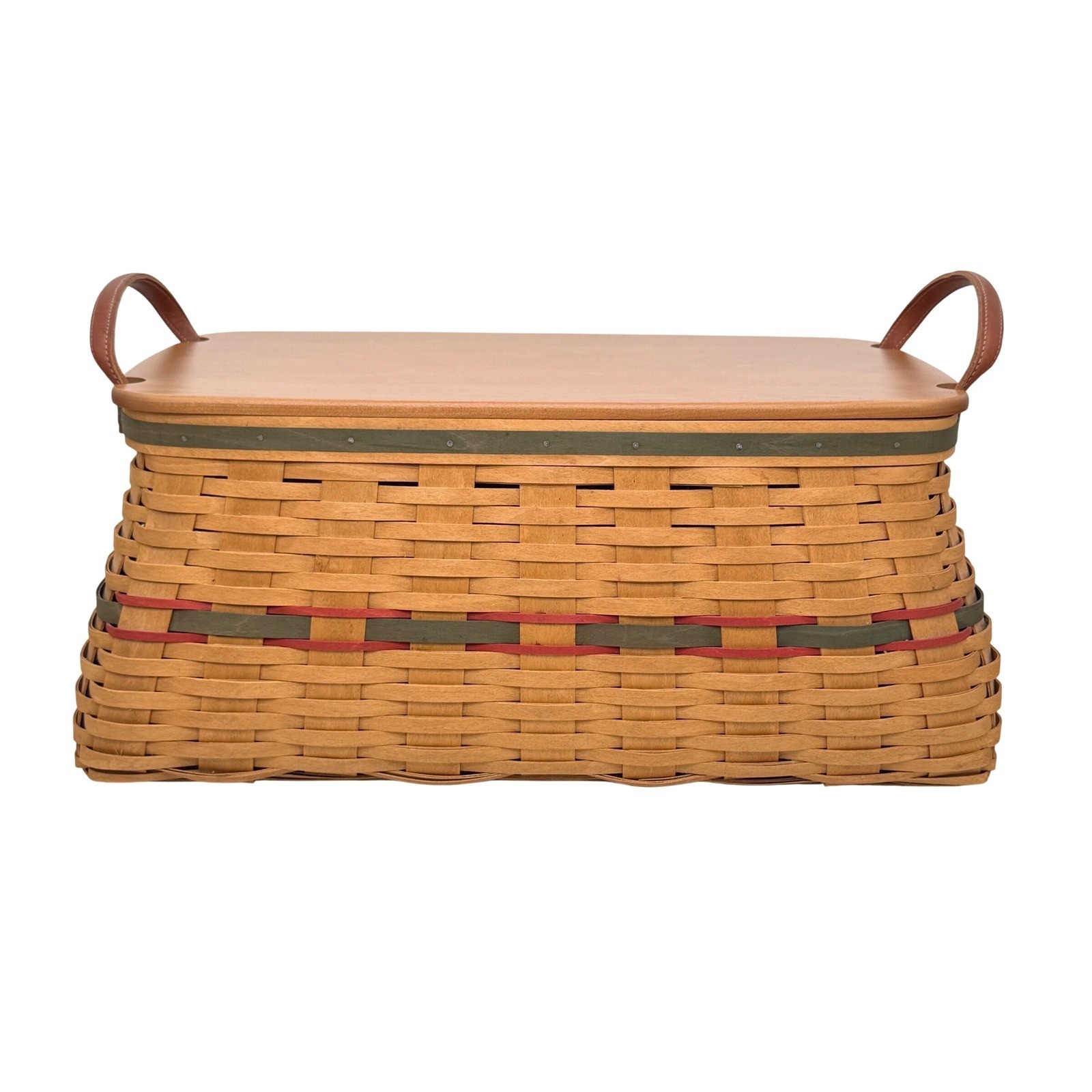 Longaberger 2002 Handwoven Basket with Wood Lid Plastic Liner Leather Handles Longaberger 2002 Handwoven Basket with Wood Lid Plastic Liner Leather Handles