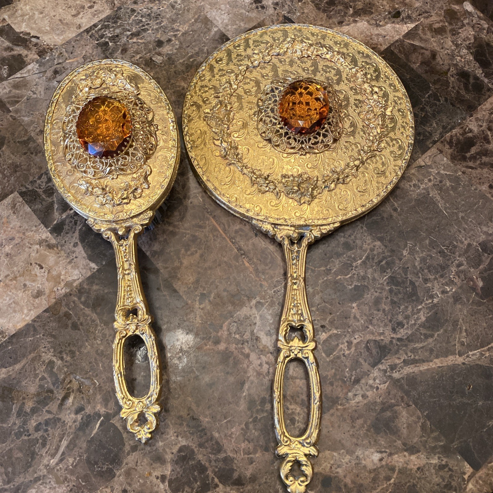 Vintage Ormolu filigree 24 KT Gold Plated Jeweled Hand Mirror Brush topaz Vintage Ormolu filigree 24 KT Gold Plated Jeweled Hand Mirror Brush topaz