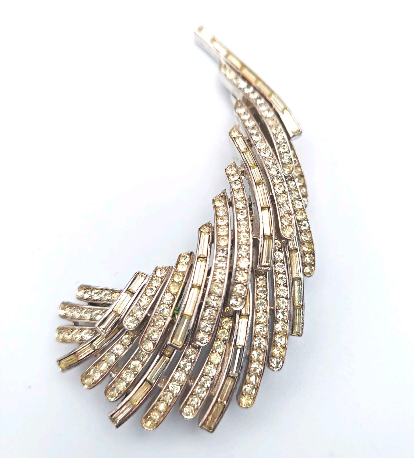 Vintage Crown Trifari Lightening Feather Plume Rhinestone Rhodium Plated Brooch