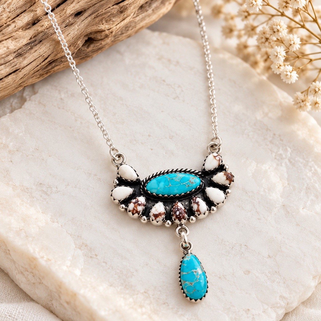 Kingman Turquoise Wild Horse Sterling Silver Half Cluster Necklace Southwest 20\