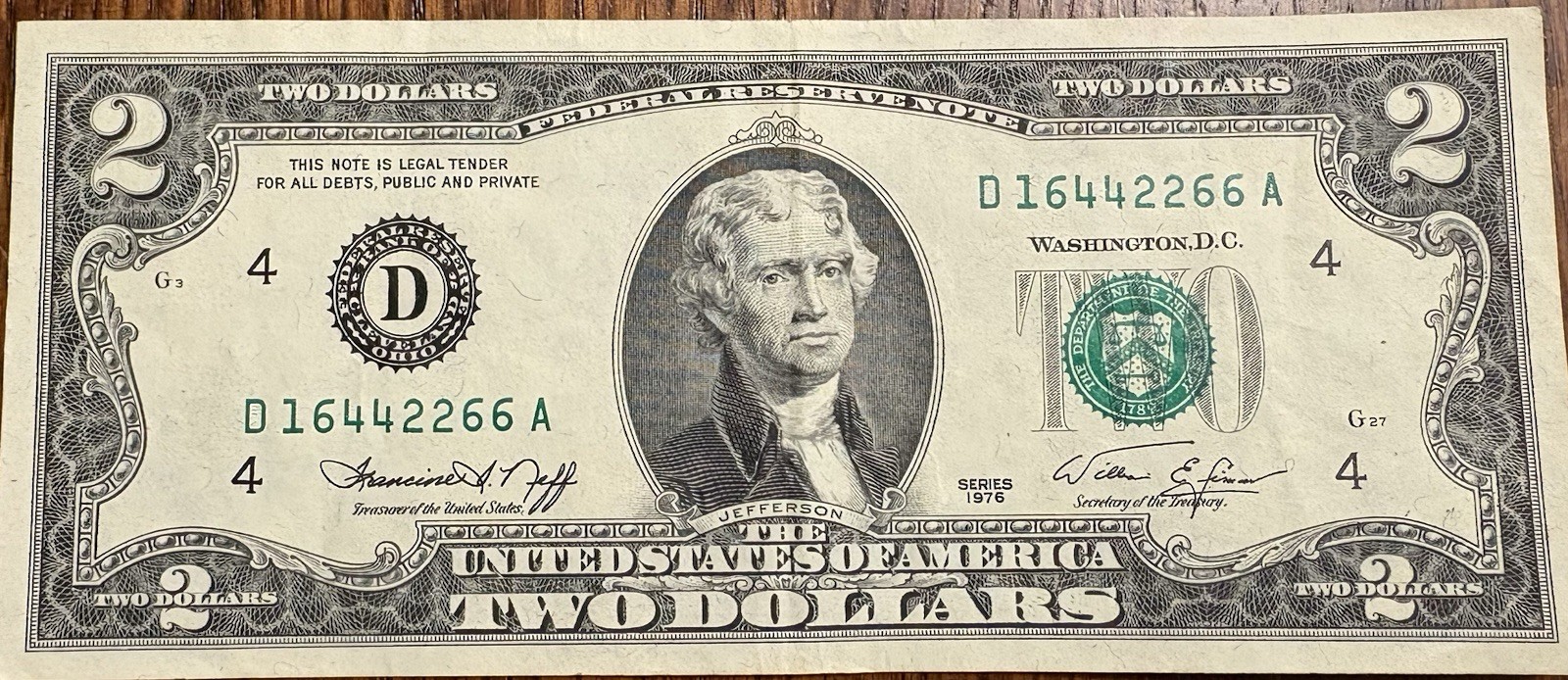 1976 $2 Two Dollar Bill Good Condition D Series Circulated