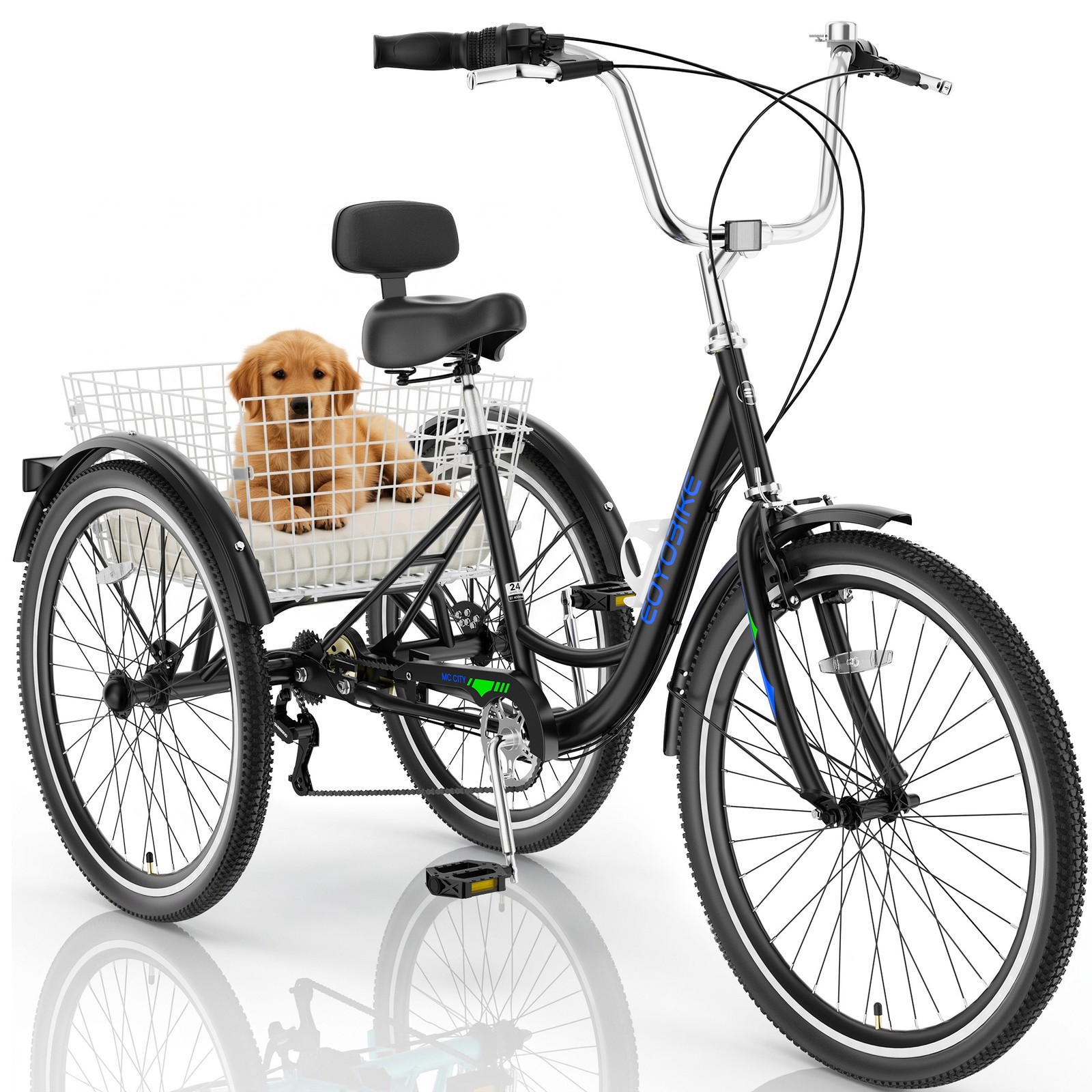 EOYOBIKE 26in 7 Speed Adult Tricycle 3 wheel Trike Cruiser Tricycle w/ Basket