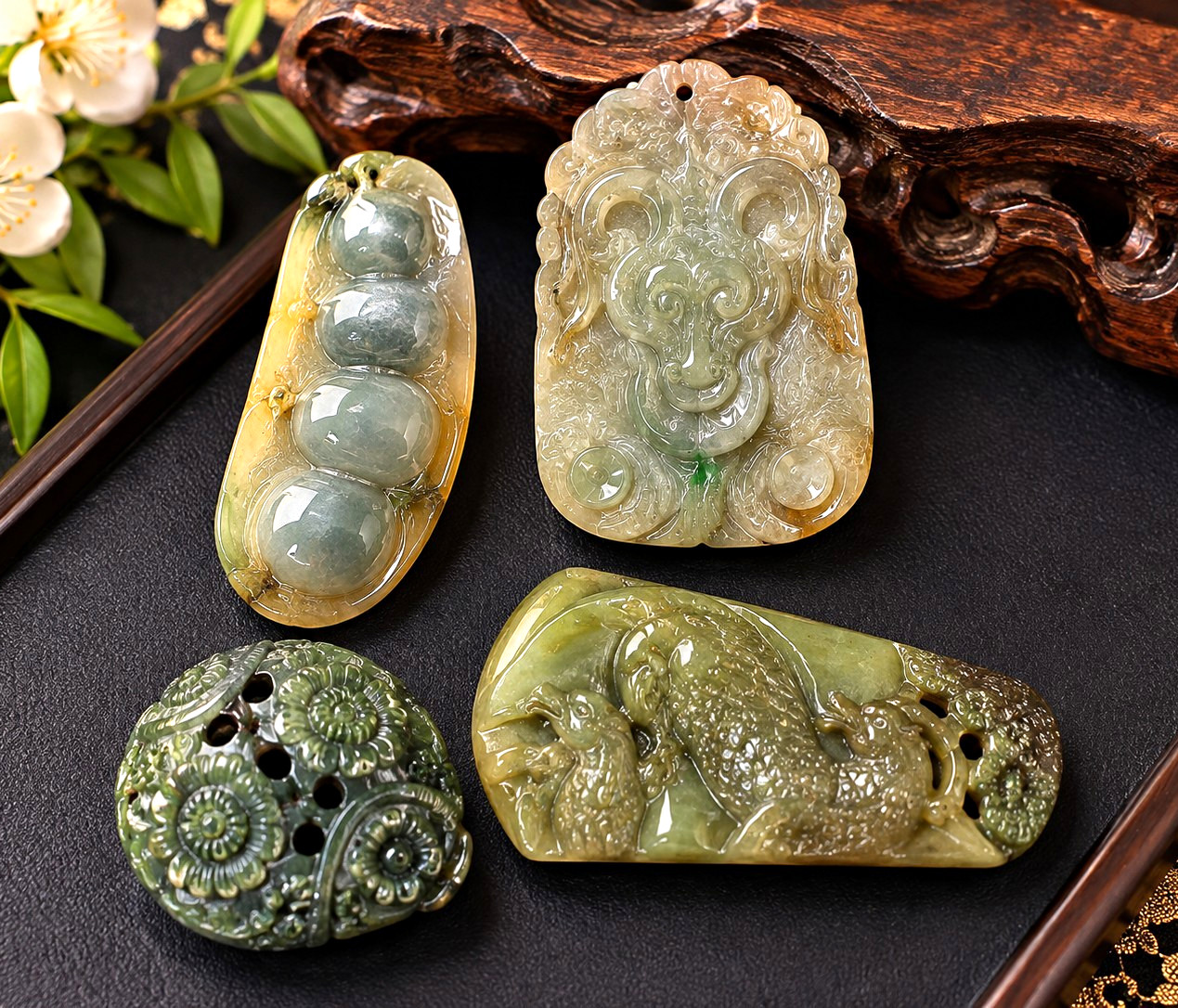 Set of 4 Vintage Chinese Carved Jade Pendants – Animals & Auspicious Motifs