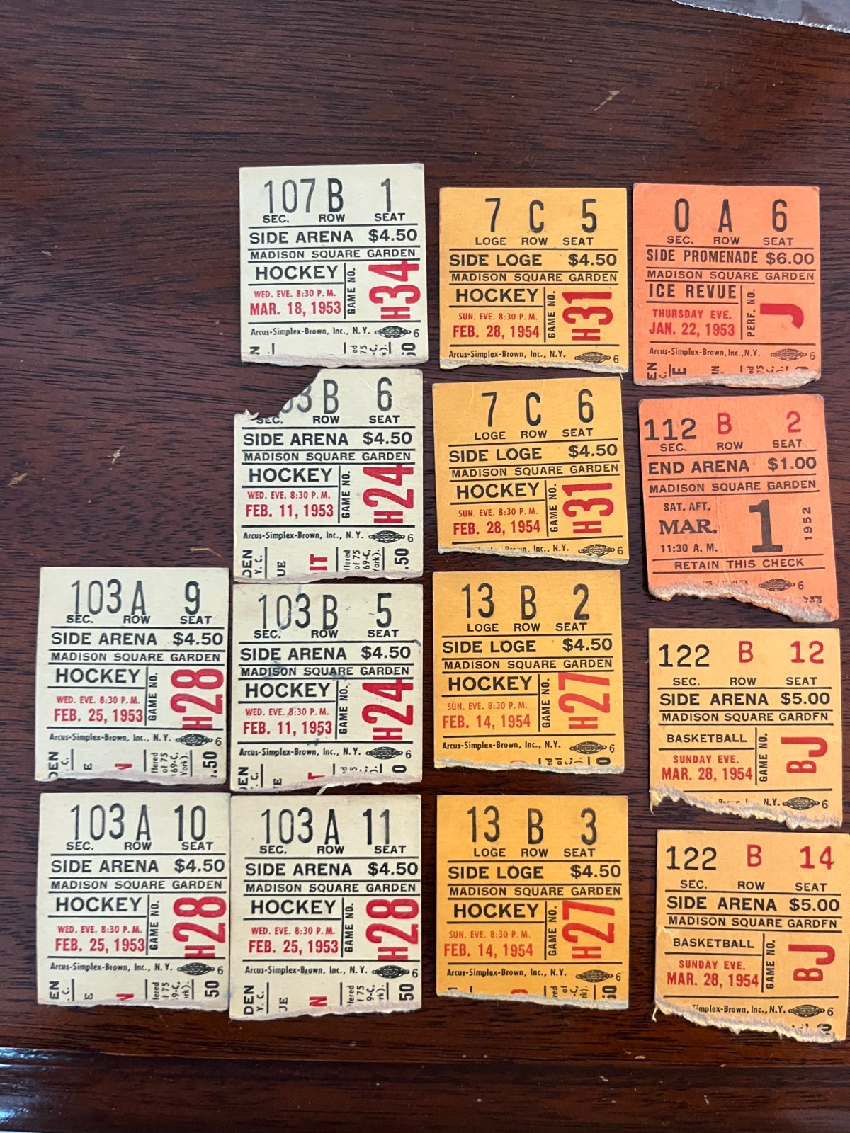 Vintage Madison Square Garden 1952-3 and 1954 Hockey/Basketball Ticket Stubs 10 Vintage Madison Square Garden 1952-3 and 1954 Hockey/Basketball Ticket Stubs 10