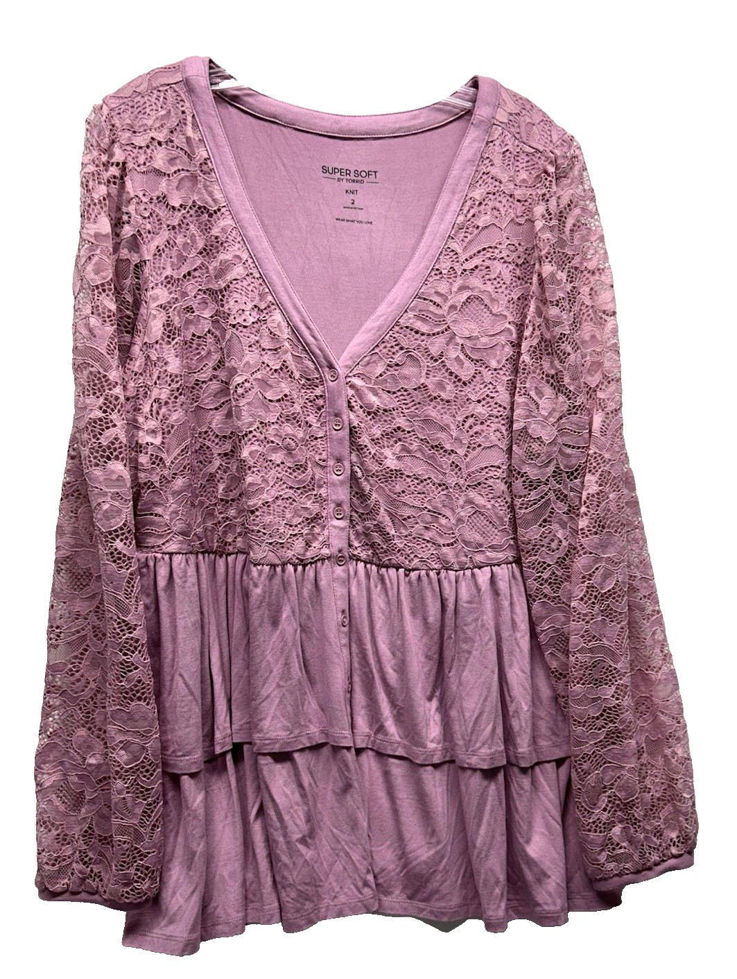 Torrid Women\'s 2X Pink Babydoll Lace Supersoft Mix Tier Button Up Long Sleeve(I3 Torrid Women\'s 2X Pink Babydoll Lace Supersoft Mix Tier Button Up Long Sleeve(I3
