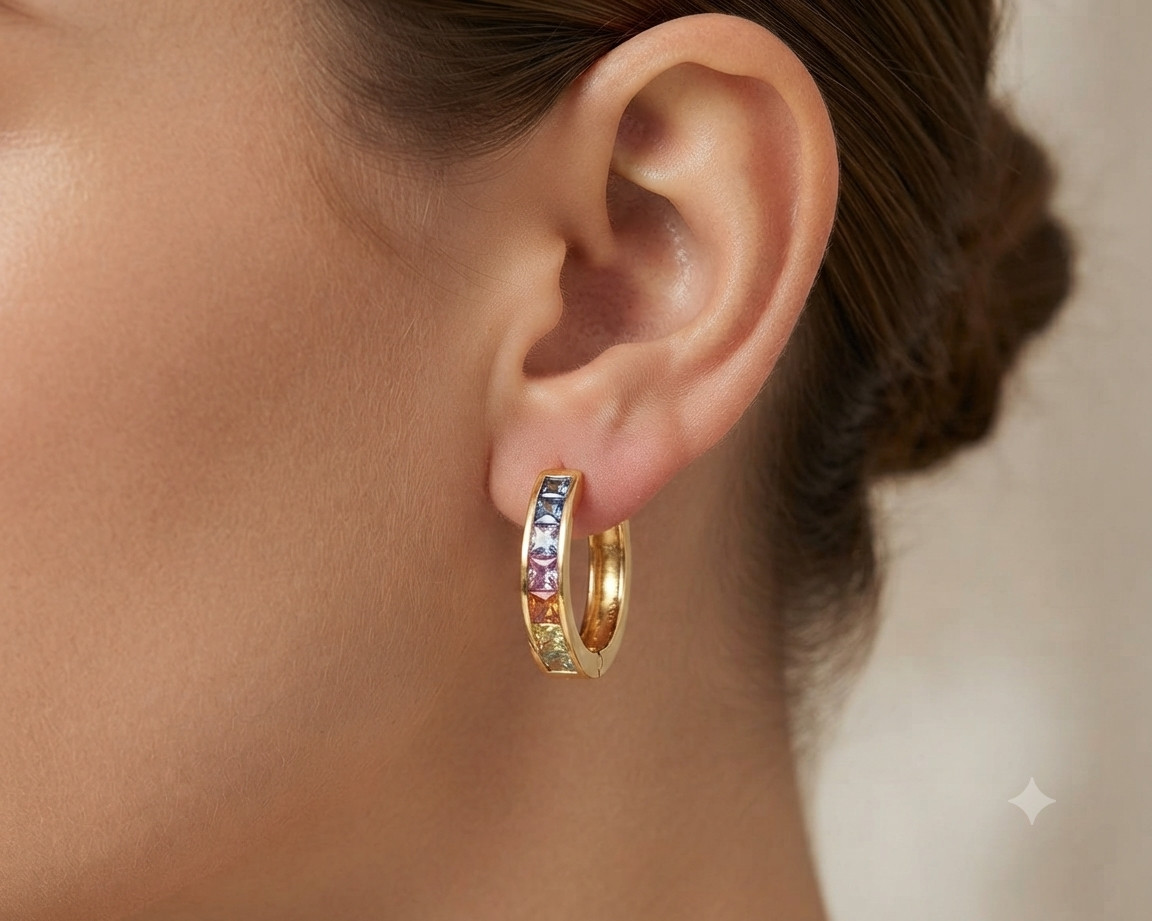 Handmade Rainbow Multi Gemstone 925 Sterling Silver Hoop Earrings,Princess Cut