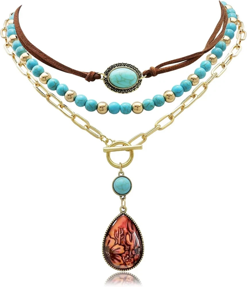 Fscwlmon 3 Pcs Layered Western Cowgirl Necklaces for Women Boho Turquoise Beaded Fscwlmon 3 Pcs Layered Western Cowgirl Necklaces for Women Boho Turquoise Beaded