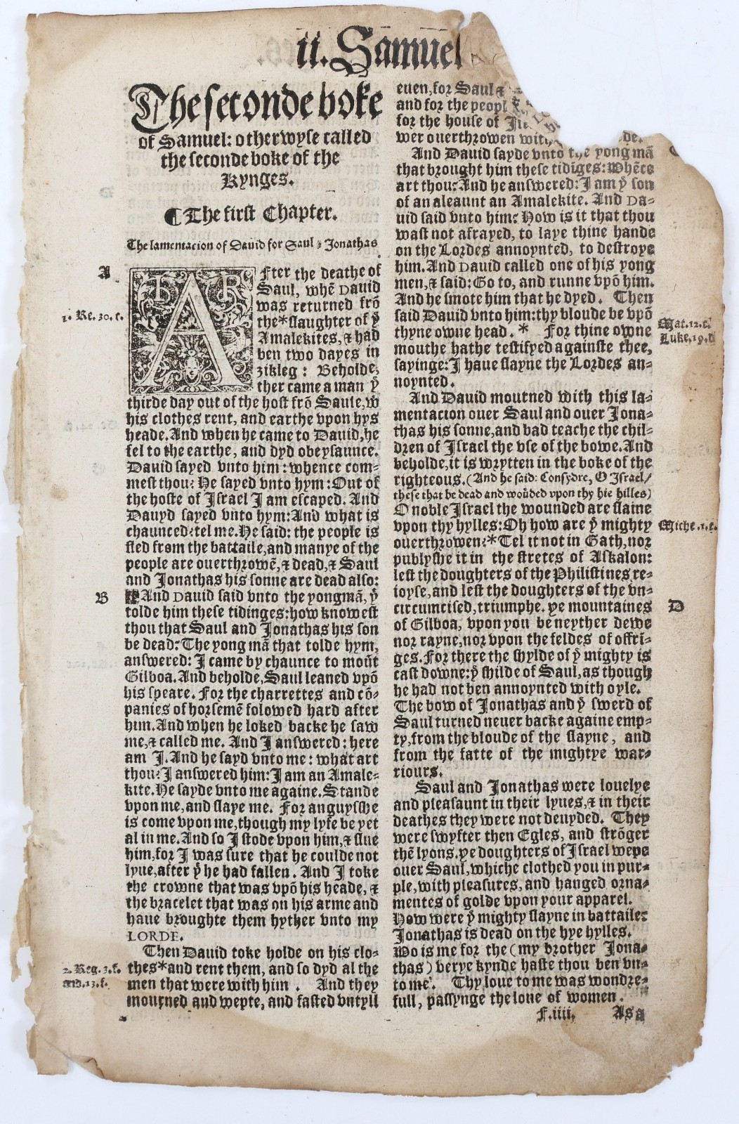 1549 Matthew's Bible Leaf 2 Samuel Title 2 Kings John Day Becke STC 2077