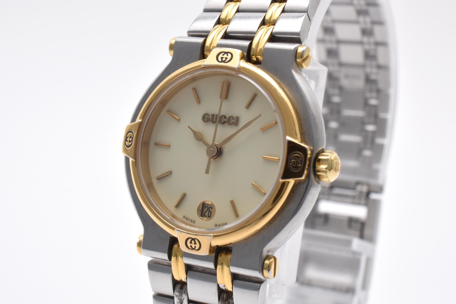 Vintage [Exc+5] GUCCI 9000L 25mm Ivory Dial Two-Tone Date Quartz Women's Watch