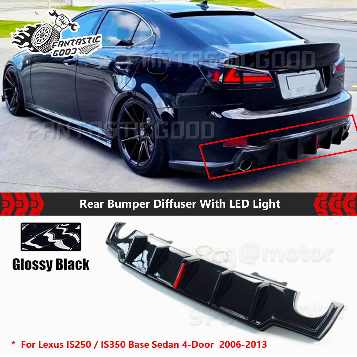 For Lexus IS250 IS350 2006-13 JDM Style Gloss Black LED Rear Bumper Diffuser Kit