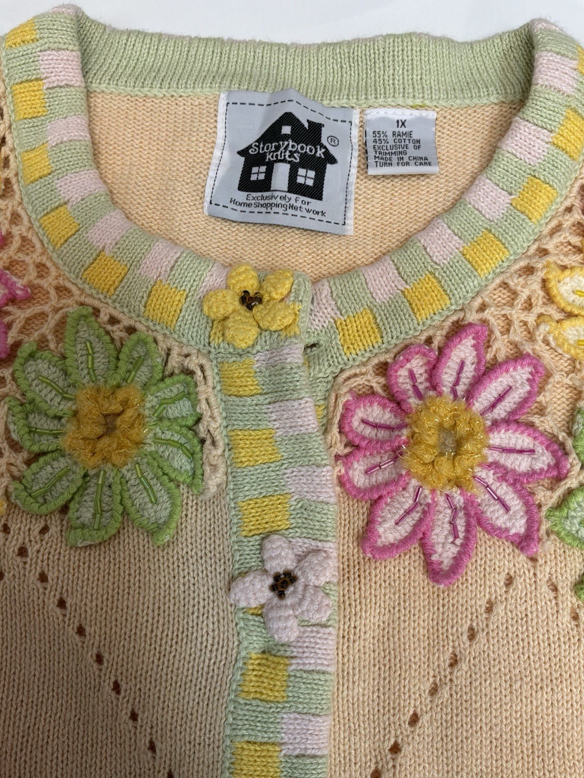 Storybook Knits Vintage Floral Ladybug Applique Cardigan Sweater Yellow XL 1X