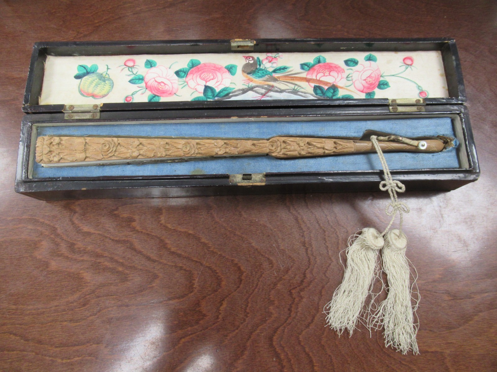 Antique 19th Century Chinese Canton Export Silk Embroidered Fan & Lacquered Box Antique 19th Century Chinese Canton Export Silk Embroidered Fan & Lacquered Box