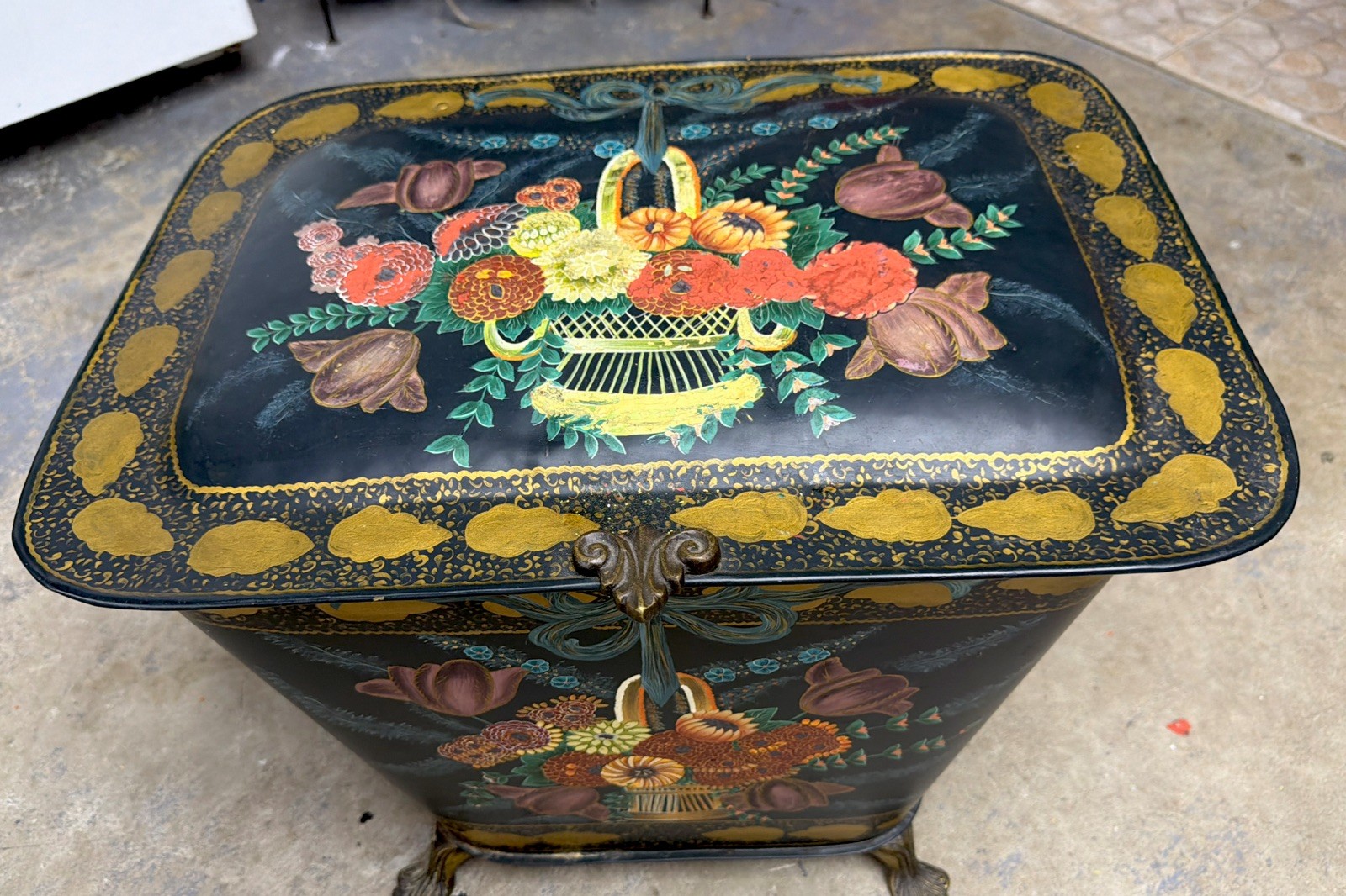 antique beautiful Hand Painted Tole flowers Coal Cistern 