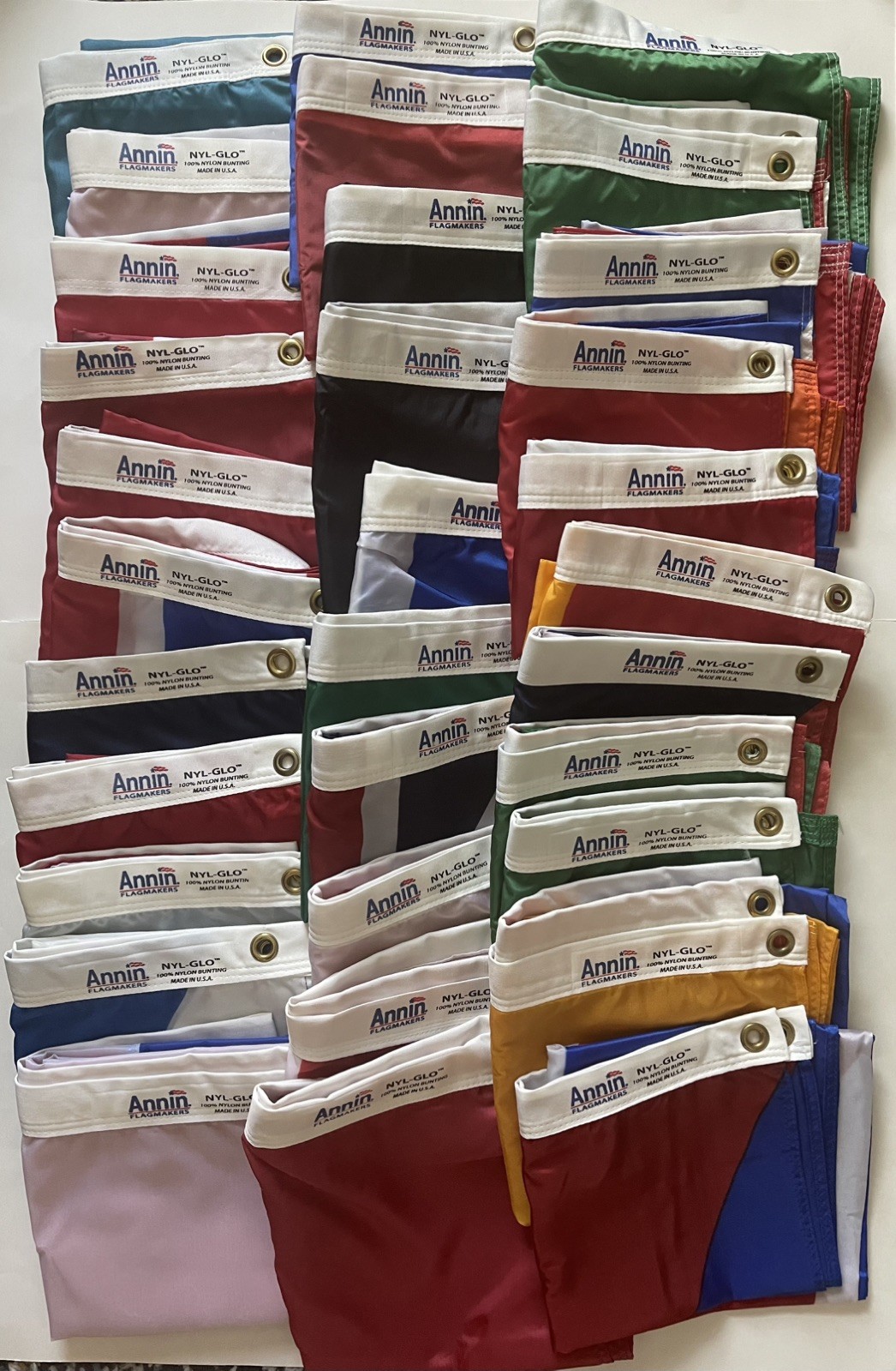 Annin 3x5 NYL- GLO Flag Collection - Lot of 29 Flags - Unused - No Boxes Annin 3x5 NYL- GLO Flag Collection - Lot of 29 Flags - Unused - No Boxes