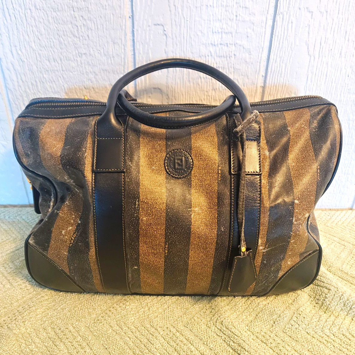 Fendi Pequin Striped Duffle Bag Brown/Black Striped Zipper Carry Handles Vintage Fendi Pequin Striped Duffle Bag Brown/Black Striped Zipper Carry Handles Vintage