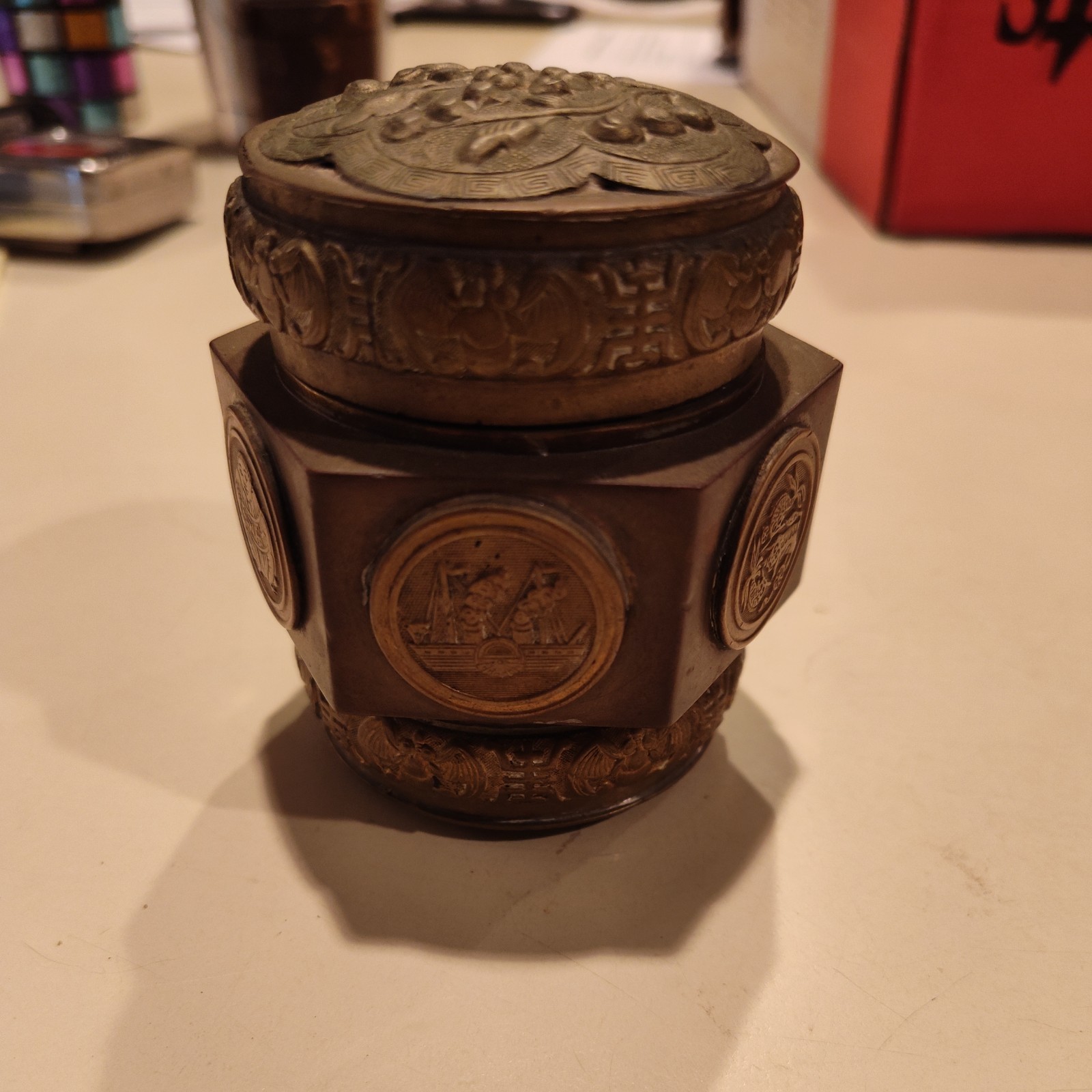 Vintage Brass Chinese Tea Cloisonné Container Caddy Box Jar Vintage Brass Chinese Tea Cloisonné Container Caddy Box Jar