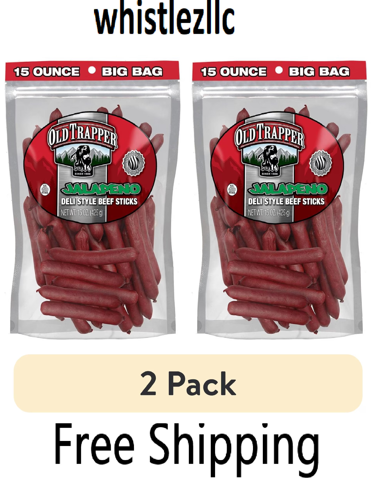 Old Trapper Jalapeno Smoked Beef Stick 15oz Resealable Bag each- 2 Pack