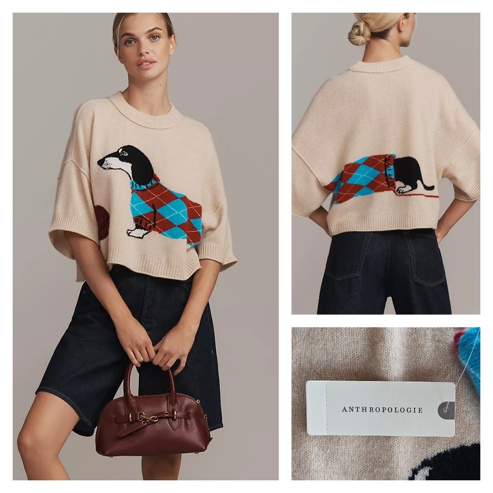 Anthropologie The Goldie Crew-Neck Cashmere Sweater Red Dachshund Med NWT $178 Anthropologie The Goldie Crew-Neck Cashmere Sweater Red Dachshund Med NWT $178
