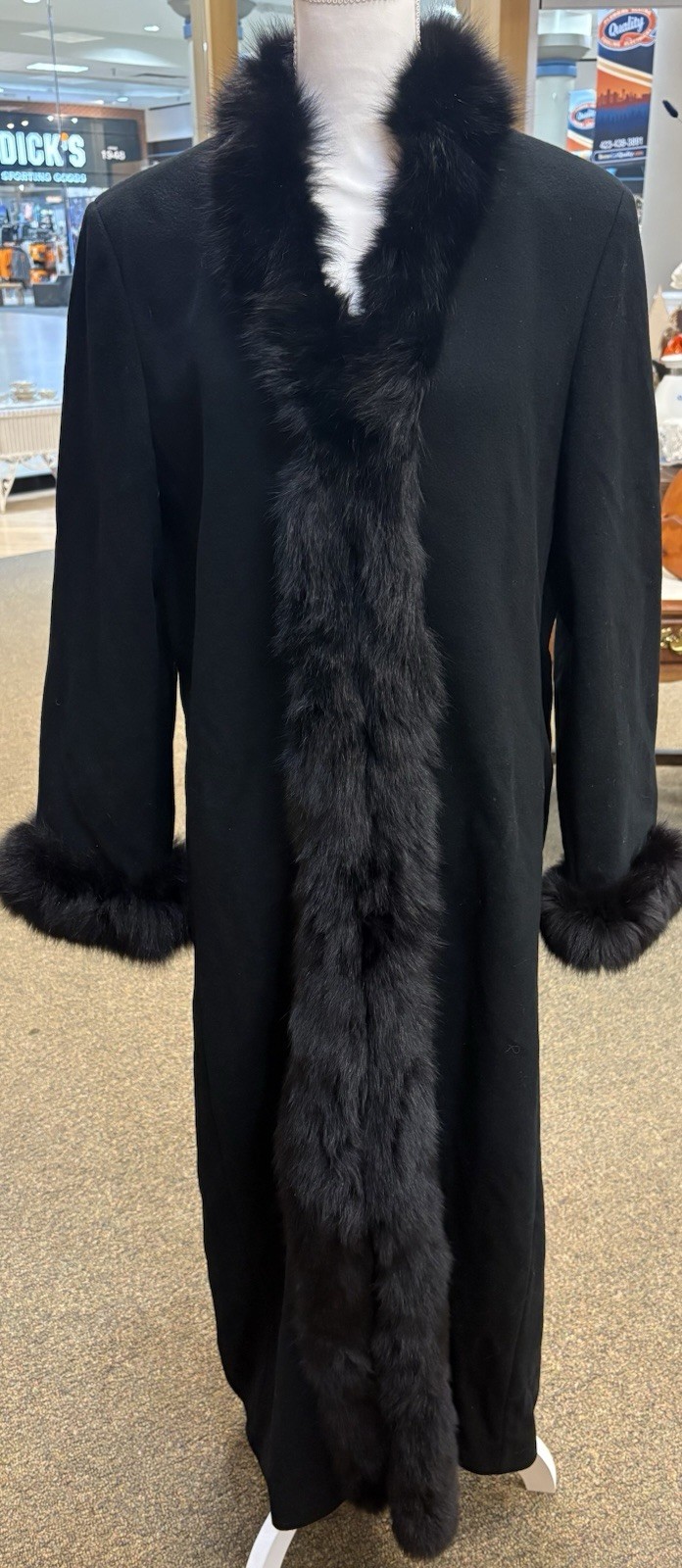 VTG Marvin Richards Black Wool Cashmere Coat Genuine Finnish Fox Fur Trim Sz 14 VTG Marvin Richards Black Wool Cashmere Coat Genuine Finnish Fox Fur Trim Sz 14