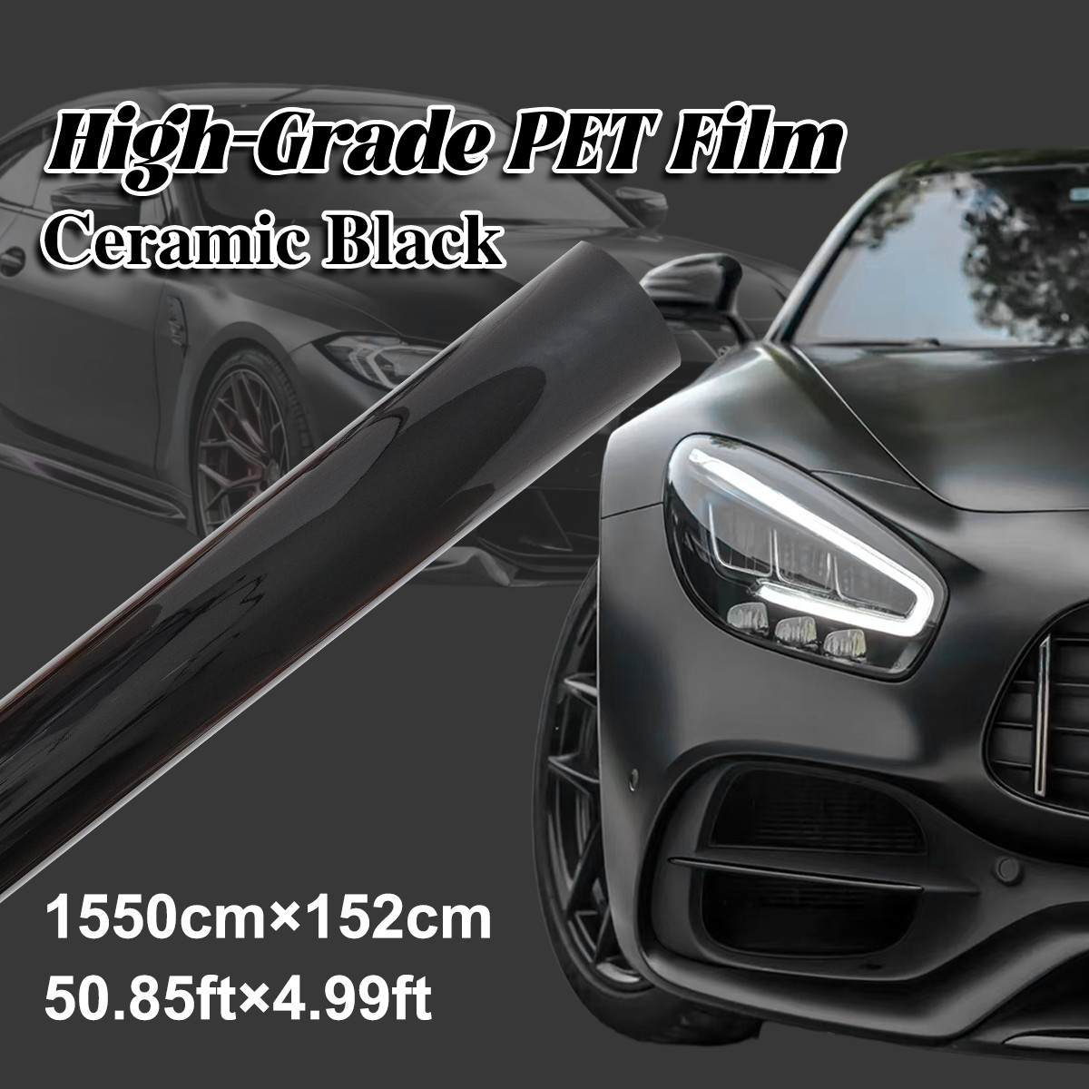 5FTx50FT PET Ceramic Black Vinyl Wrap Self-Adhesive Air Release US Stock