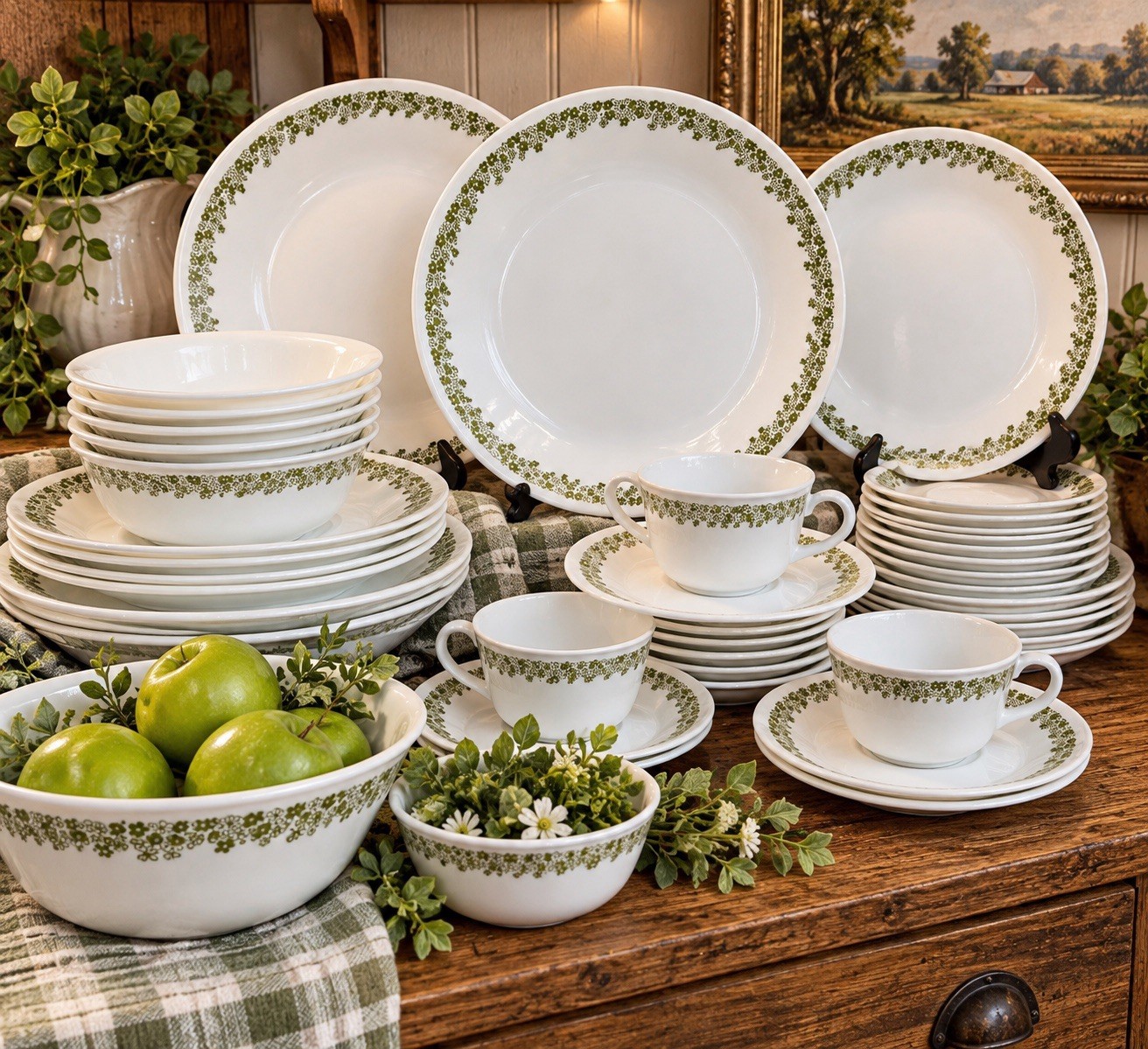 Vintage Corelle Crazy Daisy Spring Blossom Green 33 Pc Dinnerware Set Corning