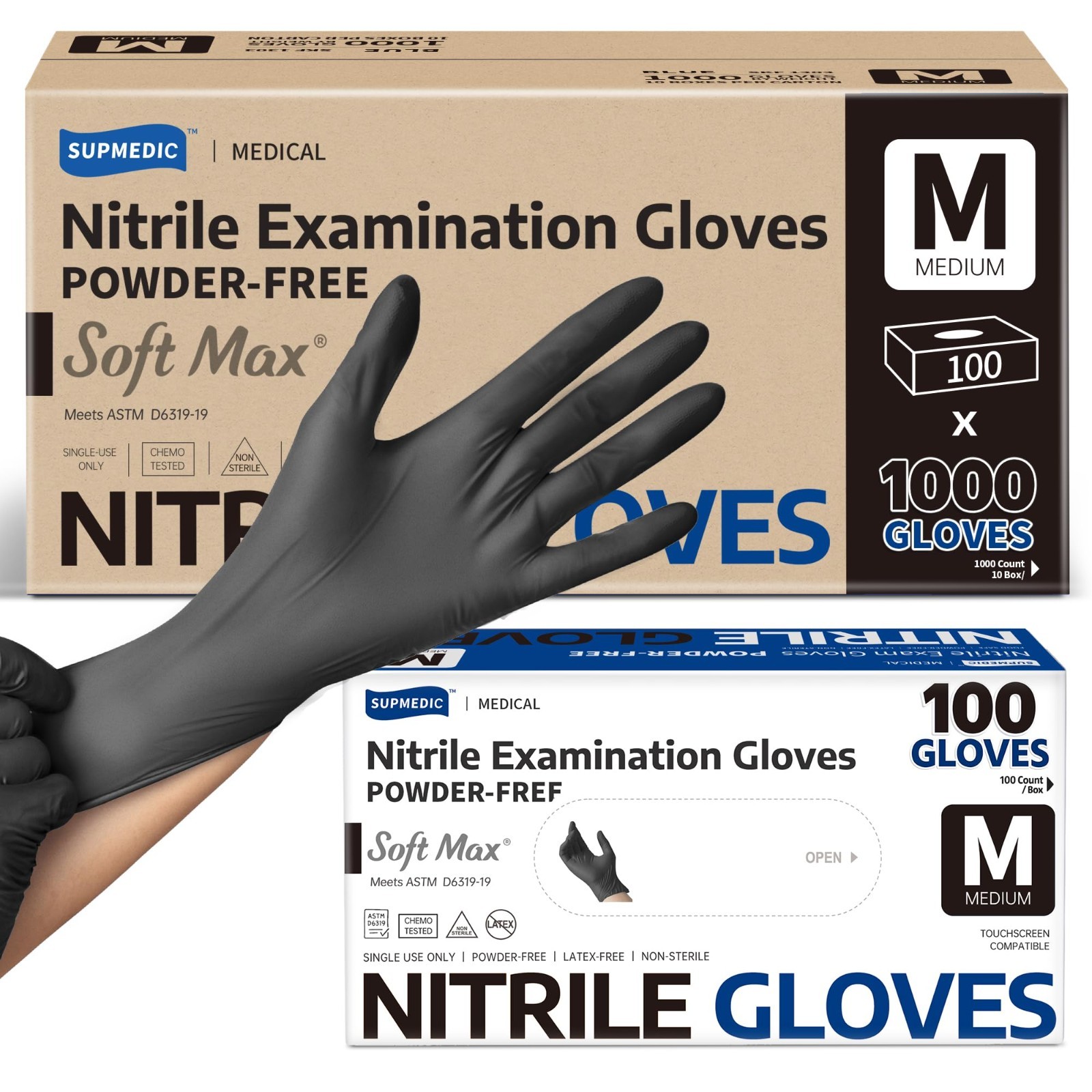 Soft Max Black Nitrile Exam Gloves Medium Powder-Free Latex-Free 1000 Count