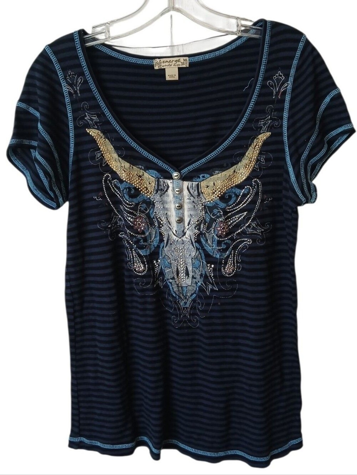 Energe World Wear Striped Top with Embellished Bull Skull Size Medium Energe World Wear Striped Top with Embellished Bull Skull Size Medium