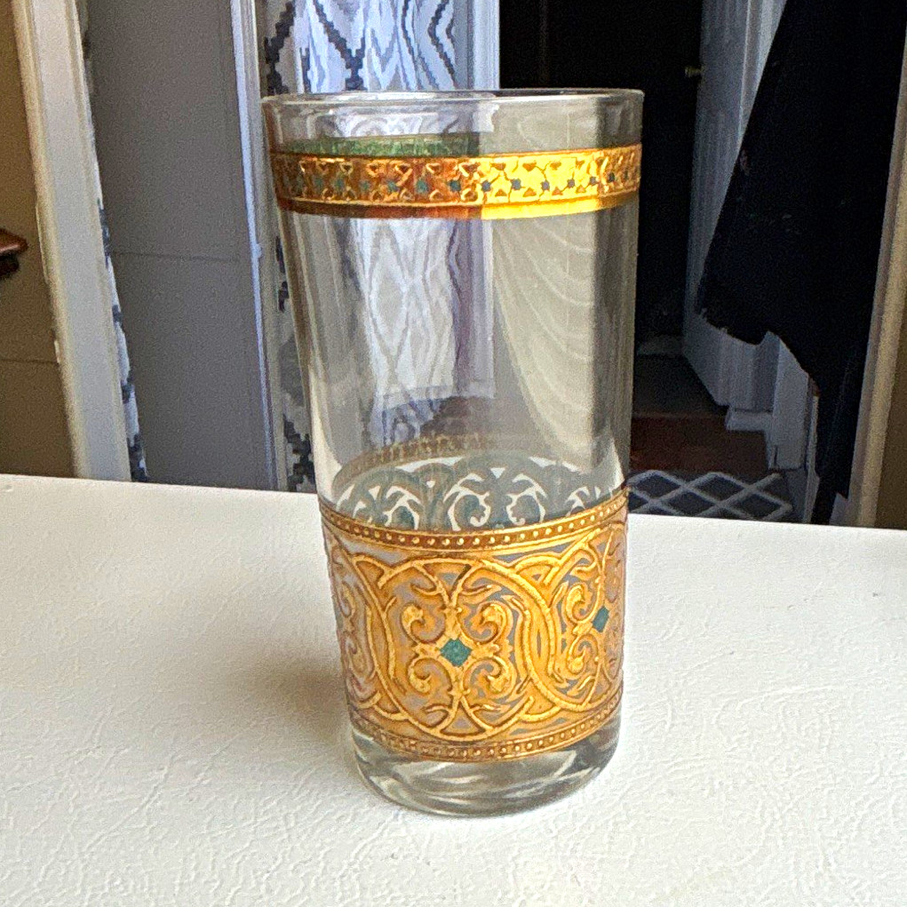 Vintage MCM Culver Valencia 22k Gold Highball Glasses Blue Teal set of 7 Vintage MCM Culver Valencia 22k Gold Highball Glasses Blue Teal set of 7